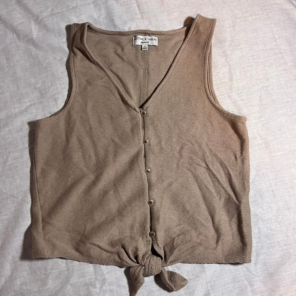 TEXTURE & THREAD Madewell Taupe Ribbed Button Front Tie‎ Waist Tank Top  Medium